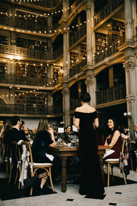 Wedding In A Bookstore, Dark Academia Wedding Bridesmaids, Dark Library Wedding, Winter Library Wedding, Old Library Wedding, Bookstore Wedding Reception, Wedding In A Library, Cbk Wedding, Peabody Library Wedding