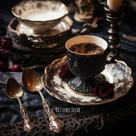 Goth Tea Set, Gothic Tea Aesthetic, Victorian Gothic Tea Party, Moody Tea Party, Vampire Tea Party, Dark Academia Tea Party, Witchy Tea Party, Dark Tea Party Aesthetic, Victorian Tea Party Aesthetic