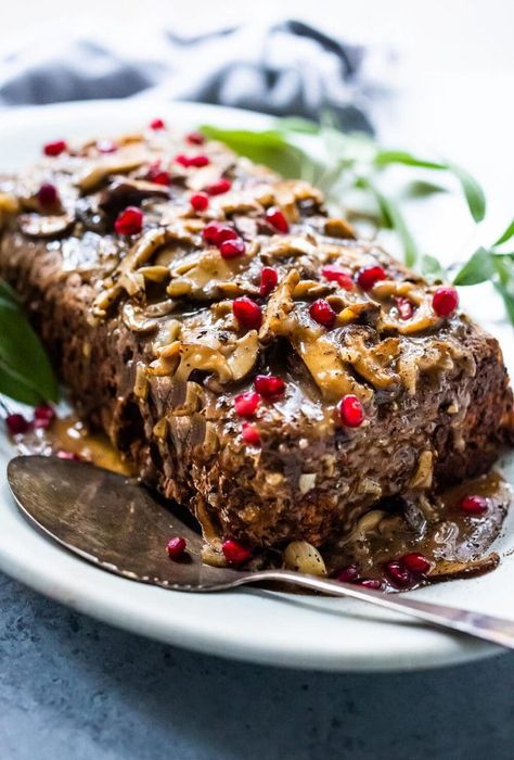 A savory vegetarian main dish, this Sagey Mushroom Walnut Roast ( aka Nut Loaf) is a beautiful addition to your holiday table. #nutloaf #mushroomloaf Vegetarian Nut Roasts, Vegan Mushroom Loaf, Mushroom Loaf Vegetarian, Nut Loaf Recipe Vegetarian, Walnut Mushroom Meat, Meatless Loaf, Mushroom Loaf, Vegan Nut Roast, Veggie Meat