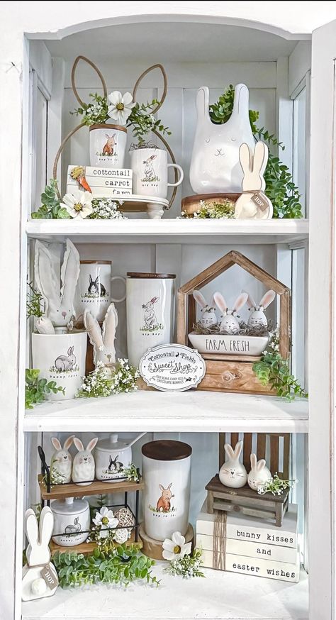 Farmhouse Shelves Decor, Bunny Figurines Home Decor, Easter Tree Decorations, Farmhouse Shelves, Easter Wishes, Easter Tree, Farm Fresh, Easter Gift, Tiered Tray