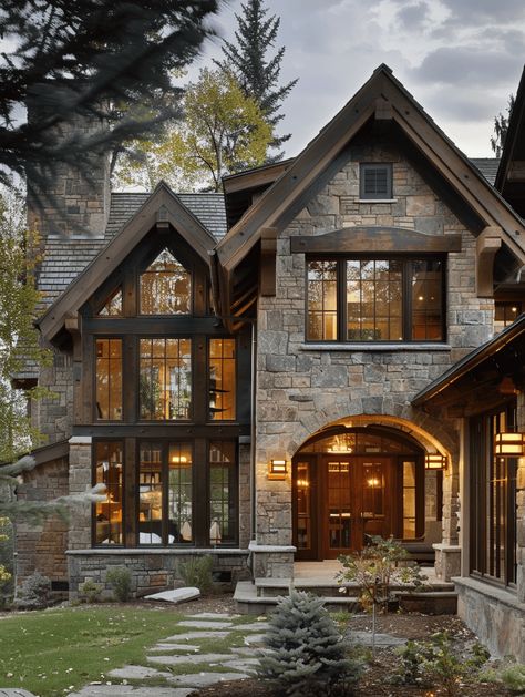 25 Rustic Home Exterior Ideas for Curb Appeal Cathedral Home Exterior, Home Ideas Outside House, Exterior House Design Stone, Old World Style Home Exterior, Stone House Windows Exterior, Dream Home Entrance, Tudor Lake House, Dark And Moody House Exterior, Old World Home Exterior