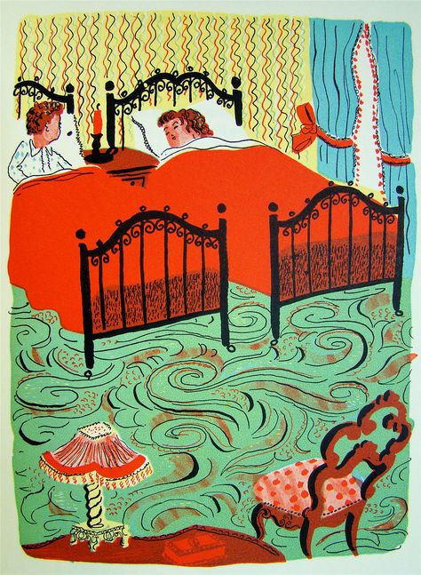 From a 1944 edition (illustrated by Roger Duvoisin) of "A Child's Garden of Verse," by Robert Louis Stevenson. Bed Illustration, Roger Duvoisin, Story Books Illustrations, Naive Illustration, Picture Books Illustration, Book Illustration Art, Printmaking Art, Robert Louis Stevenson, Robert Louis