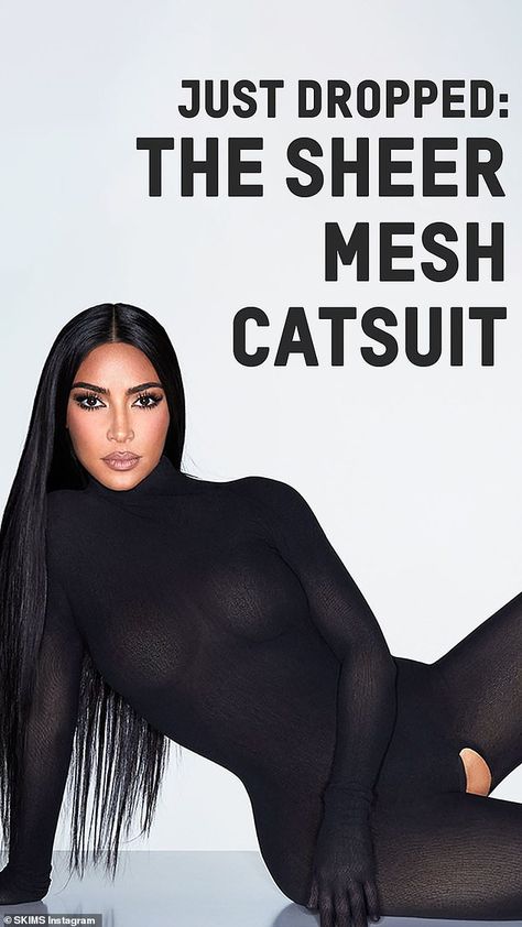 The reality star, 41, poured her curves into the sheer mesh catsuit, a crotchless jumpsuit with long sleeves and a turtleneck which is now available on Skims for $108. Catsuit Photoshoot, Kim Kardashian Figure, Kardashian Photoshoot, Kim Kardashian Photoshoot, Jumpsuit With Long Sleeves, Black Catsuit, Mesh Turtleneck, Jenner Family, Kardashian Jenner