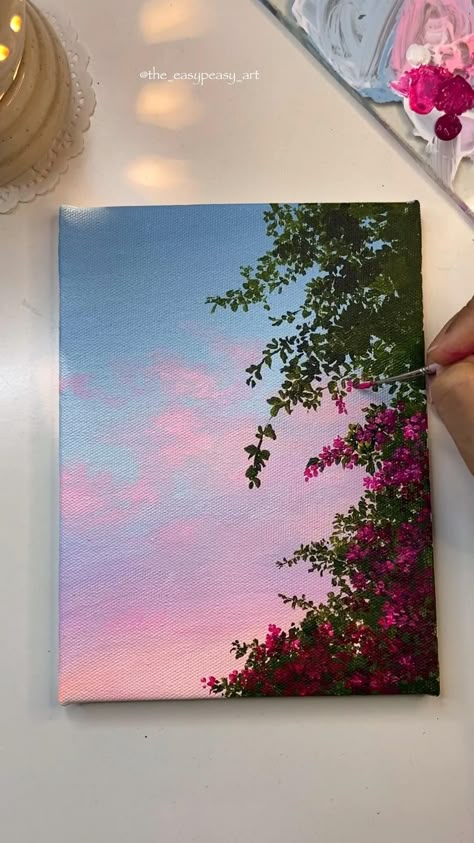 Amazing pink flowers 🌸 acrylic painting by the_easypeasy_art. #acrylicpainting #acrylicartwork #flowerpainting #skypainting #acryliconcanvas Good Canvas Painting Ideas, Canvas Painting Nature Easy, Aesthetic Mini Painting Ideas, Acrylic Painting Canvas For Beginners, Random Things To Paint On, Acrylic Painting On Small Canvas, Painting Ideas Nature Easy, Canvas Painting Ideas Tutorials, Painting Beginners Acrylic