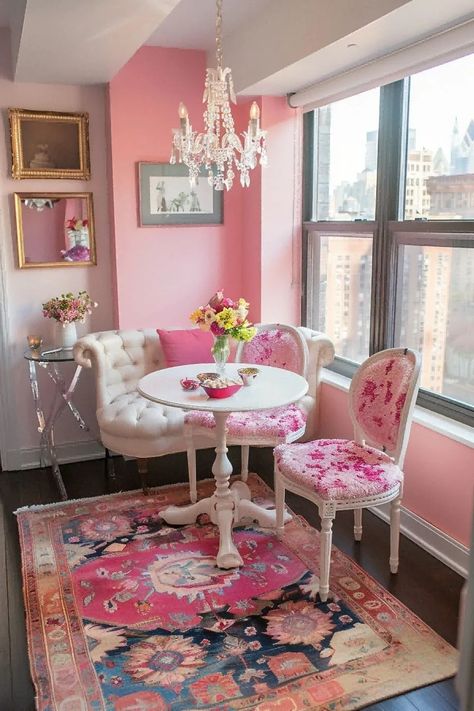 Parisian Dining Room, Girly Apartment Ideas, Retro Dining Room, Girly Apartments, Girly Apartment Decor, Pastel Home Decor, Pink Furniture, Girly Decor, Glam Living Room