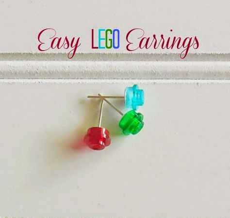 Meatloaf and Melodrama: How to make Lego earrings. #giftideas #legos Lego Crafts, Lego Earrings, Lego Candy, Lego Table Diy, Lego Minifigure Display, Lego Shirts, Lego Head, Legoland California, Diy Lego