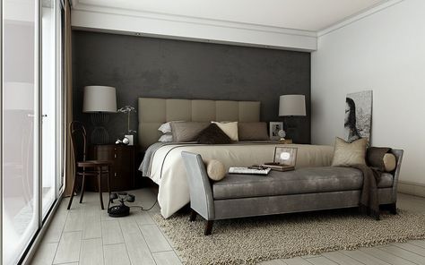 modern-master-bedroom-with-taupe-design Gray Accent Wall Bedroom, Taupe Bedroom, Grey Bedroom Design, Gray Bedroom Walls, Bedroom Design Modern, Sophisticated Bedroom, Makeover Tips, Classy Bedroom, Minimalist Bedroom Design