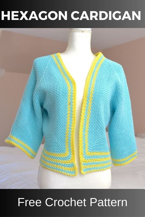 A blue and yellow crochet hexagon cardigan Crochet Hexagon Cardigan Pattern, Hexagon Cardigan Crochet Pattern Free, Moss Stitch Hexagon Cardigan, Crochet Hexagon Button Up, Hexagon Sweater Crochet, Hex Crochet Cardigan, Solid Hexagon Cardigan, Crochet Hexagon Cardigan With Hood, Hexagon Cardigan Pattern