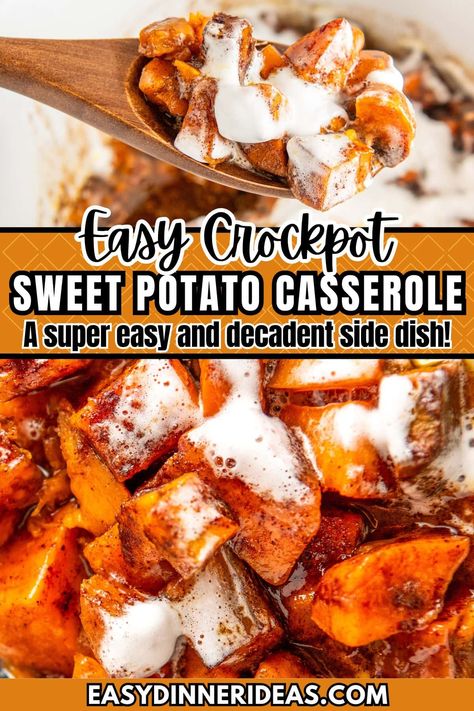 This easy crockpot sweet potato casserole recipe is the perfect side dish for any fall dinner. Tender sweet potatoes are caramelized in a cinnamon and brown sugar sauce and then topped with gooey marshmallows right before serving! This is also a great Thanksgiving side dish that travels easily if need be! Crockpot Sweet Potato Recipes, Crock Pot Sweet Potato Casserole, Crockpot Sweet Potato Casserole, Crockpot Sweet Potatoes, Sweet Potato Casserole Crock Pot, Potato Recipes Crockpot, Crock Pot Sweet Potatoes, Sweet Potatoes With Marshmallows, Sweet Potato Thanksgiving