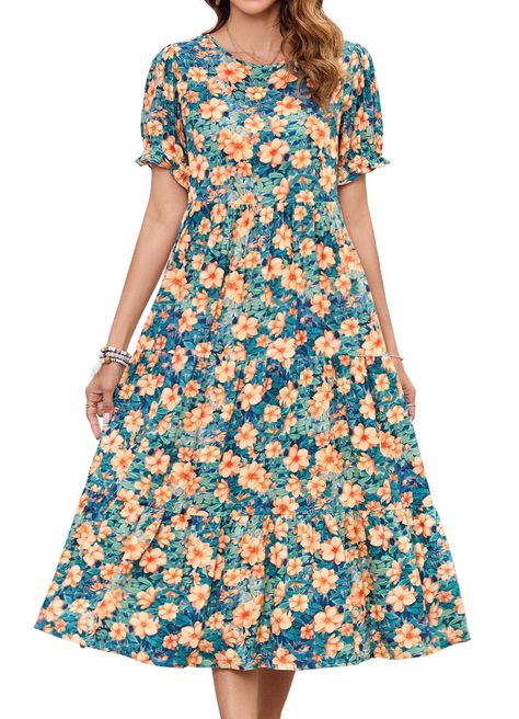 PRICES MAY VARY. Embrace Romantic Elegance: Step into summer with our Floral Print Boho Dress, a blend of romance and sophistication. Its vintage-inspired print and lush colors create a look that's both charming and elegant, making you the embodiment of a summer dream. Premium Comfort, Exceptional Quality: Crafted from a superior blend of polyester and spandex, this dress offers more than just style. The fabric is slightly thicker than typical summer wear, ensuring durability and non-transparenc Yellow Floral Print Midi Dress For Daytime, Yellow Short Sleeve Summer Floral Dress, Casual Yellow Floral Print Midi Dress, Yellow Short Sleeve Floral Summer Dress, Multicolor Floral Print Knee-length Puff Sleeve Dress, Vintage Bohemian Style, Teacher Clothes, Chic Bohemian, Just Style