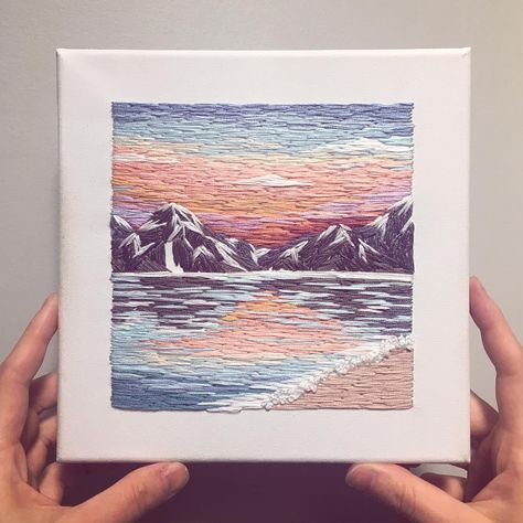 Hand Embroidery On Canvas, Stitching On Canvas, Embroidery Canvas Art, Square Embroidery Design, Sunset Over Mountains, Mountain Embroidery, Embroidery On Canvas, Embroidery Stitches Flowers, Square Embroidery