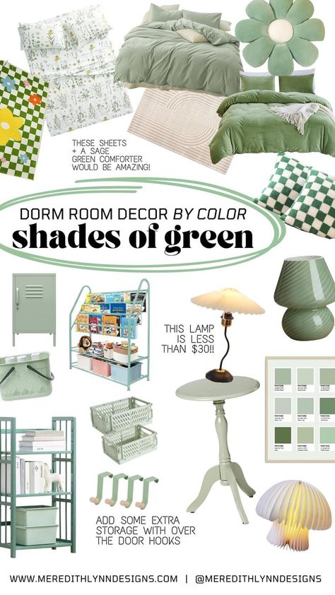 Collage of aesthetic green room decor. Dorm room decorating ideas. Green checkered decor. Apartment decor. Light Green Rooms, Green Girls Rooms, Pink Dorm Rooms, Green Room Decor, Green Bedroom Decor, Pink Dorm, Pastel Room Decor, Sage Green Bedroom, College Dorm Room Decor