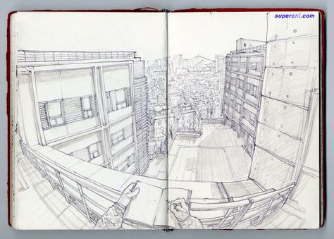 Kim Jung Gi - Imgur Fisheye Photos, Junggi Kim, Kim Jung Gi, Perspective Drawing Lessons, Comic Tutorial, Perspective Art, Architectural Sketch, Perspective Drawing, Urban Sketching