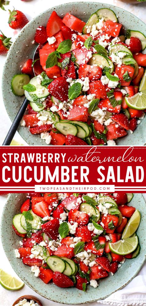 Strawberry Watermelon Cucumber Salad Easy Memorial Day Food, Salad Recipes Summer, Hot Day Dinners, Cucumber Watermelon Salad, Watermelon Cucumber Salad, Memorial Day Food, Salad Watermelon, Watermelon Salad Recipes, Perfect Salad