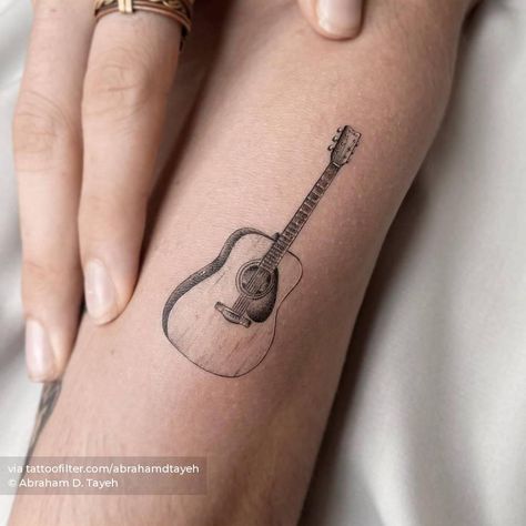 Guitar Tattoos, Acoustic Guitar Tattoo, International Tattoo, Guitar Tattoo Design, Modern Art Tattoos, Stick Poke Tattoo, Small Guitar, Sick Tattoo, Guitar Tattoo