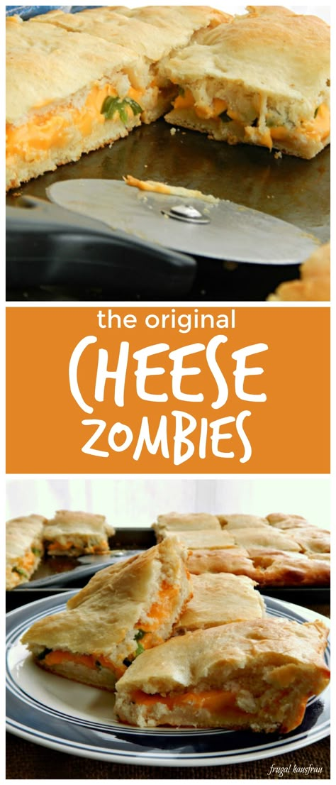 Original Cheese Zombie Sandwiches! Easy home-made bread & cheese these are ooey gooey delish! Freezes well, too. Cheese Zombies Recipe, Wacky Wednesday Meal Ideas, Cheese Zombie Recipe, Cheese Zombies School Recipe, Zombie Sandwich, Wacky Wednesday Ideas, Cheese Zombies, Fair Food Ideas, Usa Recipes