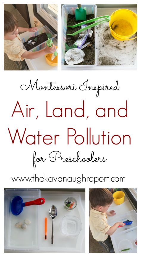 Montessori inspired trays to explore air pollution, water pollution and land pollution for preschoolers. Pollution Craft, Land Pollution, Pollution Activities, Craft Ideas For Toddlers, Recycling Activities, Earth Day Activities, Water Pollution, Kindergarten Science, Preschool Science