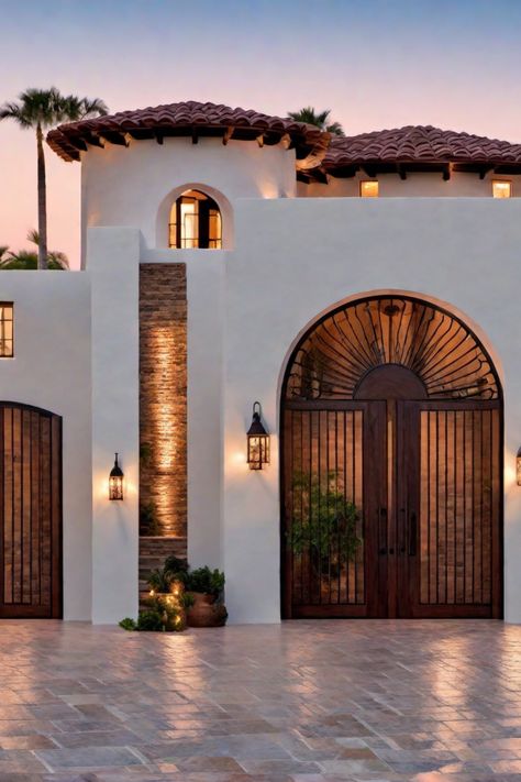 Mediterranean-style house with stucco walls, arched wooden door, and tile roof at dusk. Houses In Mexico Modern, White And Black Spanish House Exterior, Mexico Villa House, Interior Mexican Style, Mexican Style Architecture, Rich Mexican House, Mexico Houses Mexican Style Exterior, Terracota House Interior, Homes In Guatemala