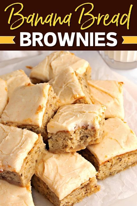 These banana bread brownies with brown butter frosting are so addictive! Learn the easy recipe, and prepare to be hooked. Baking Bars, Bat Cookies, Cakes Slices, Banana Desserts, Banana Bread Bars, Banana Bread Brownies, Tasty Sweets, Dessert Squares, Brown Butter Frosting