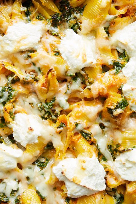 Cheesy Baked Pumpkin Pasta With Kale Recipe - NYT Cooking Cheap Fall Dinner, Pasta With Kale, Nyt Recipes, Kale Recipe, Pasta Food Recipes, Butter Steak, Pumpkin Pasta, Vegetarian Thanksgiving, Cheap Fall