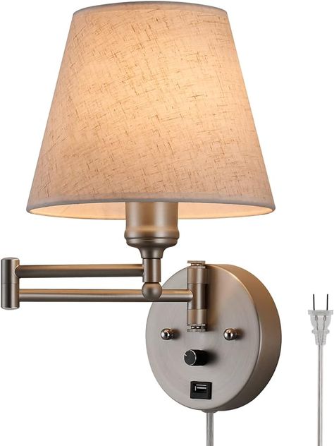 Swing Arm Wall Lamp Wall Mount Lamps with Cord Plug in Wall Sconce Lighting with Dimmable On Off Switch Plug in Wall Sconce with USB Port Plug in Wall Lamps for Bedroom Reading Satin Nickel Finish - Amazon.com Wall Lamps For Bedroom, Wall Mounted Reading Lights, Lamps For Bedroom, Plug In Wall Lamp, Wall Lamp Shades, Nook Ideas, Wall Lamps Bedroom, Wall Mounted Lamps, Metal Floor Lamps