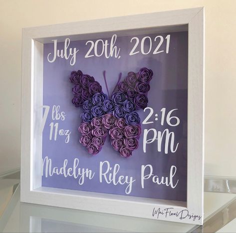 This beautiful shadow box is filled with an assortment of hand-rolled flowers in the shade(s) of your choosing. Your very own personalized lettering can be added to the glass of the frame. The shadow box can sit on a shelf/tabletop as well as hung up on the wall with mounting hardware attaching to the hangers on the back of the frame. Express your love, appreciation, and compassion with flowers that will last a lifetime. #smallbusiness #smallbizowner #smallbiz #smallbusinessideas #papercrafts Flower Shadow Box Ideas, Rolled Flowers, Shadow Box Gifts, Flower Shadow, Flower Shadow Box, Box Gifts, Baby Dedication, Draft Stopper, Cricut Joy