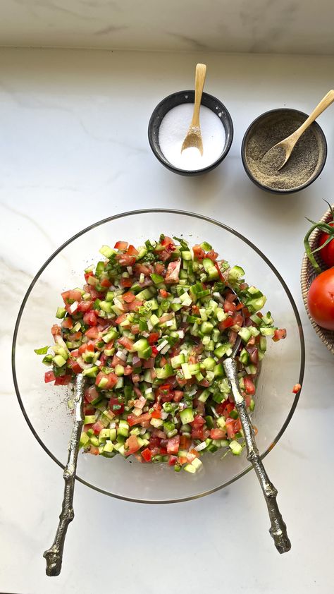 Very Easy Shirazi Salad - Cooking with Zahra Sherazi Salad, Persian Salad, Persian Dishes, Grape Vinegar, Shirazi Salad, Iranian Dishes, Cucumber Canning, Small Cucumber, Persian Cucumber