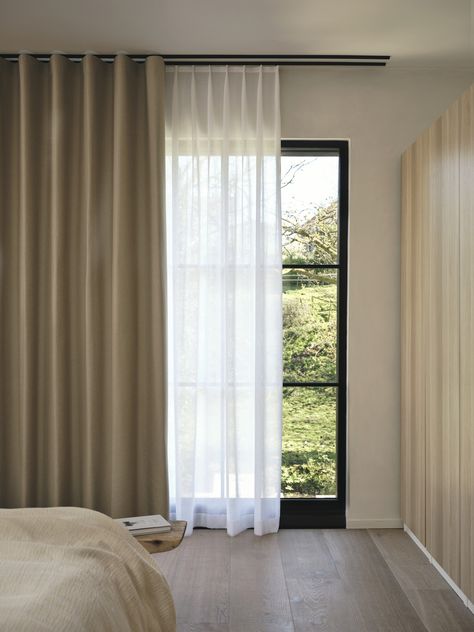 Curtains by Silent Gliss Silent Gliss Wave, Black Window Frames With Curtains, Bifold Door Blinds Curtains, Sliding Doors Curtains Ideas, Den Curtains, Long Curtains Bedroom, Minimal Curtains, Angled Bedroom, Sutton Park