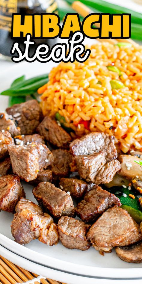 How to make hibachi steak Kobe Steakhouse Recipes, At Home Habatchi Grill, Hibachi Steak Recipe, Tasty Fried Rice, Hibachi Steak, Steak Marinade Easy, Hibachi Recipes, Soy Sauce Garlic, Steakhouse Recipes