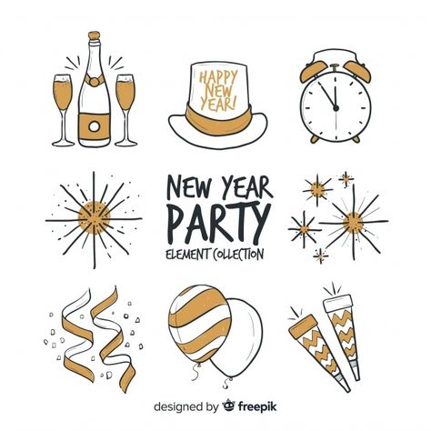 New year party elements collection | Free Vector #Freepik #freevector #new-year #happy-new-year #party #hand Bullet Journal On Ipad, New Years Drawing Ideas, New Year Doodle, New Year Logo, New Year's Drawings, Happy New Year Signs, Happy New Year Stickers, Party Elements, Doodle Font