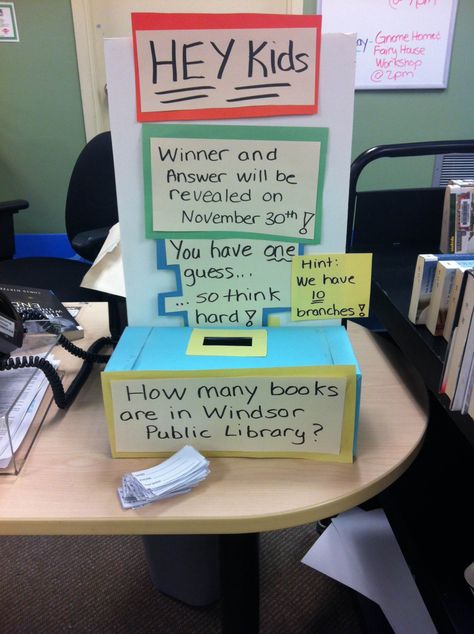 Library Contest: How many books are in the library? Passive Programming Library, Passive Programs, Library Games, School Library Displays, Teen Library, Library Week, Middle School Libraries, Library Themes, Elementary School Library