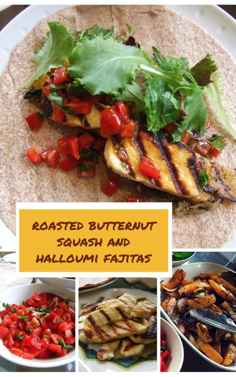 butternut squash & halloumi fajitas Fajitas Vegetarian, Halloumi Fajitas, Easy Tomato Salsa, Crispy Salad, Kosher Cooking, Pepper Salsa, Fajitas Recipe, Light Meals, Recipe Vegetarian