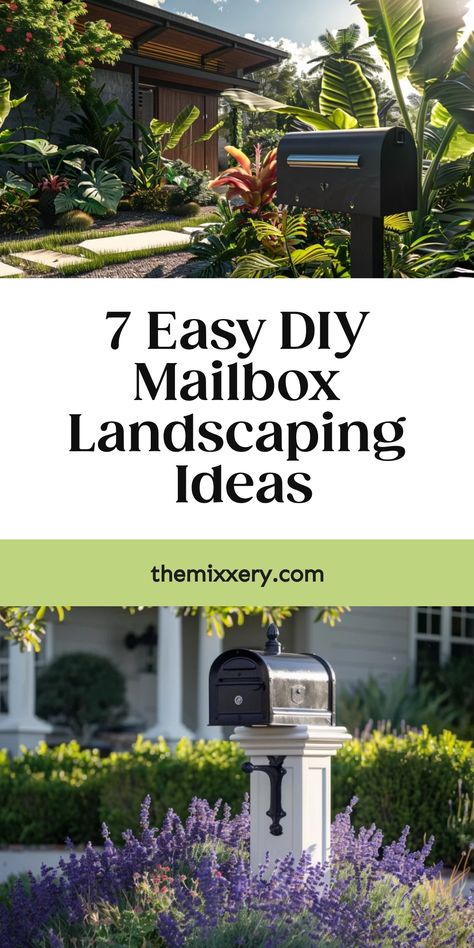 A landscaped front yard with a black mailbox in focus, promoting 7 Easy DIY Mailbox Landscaping Ideas from themixxery.com. Plants Around Mailbox Ideas, Mailbox Landscaping Ideas, Creative Mailbox, Mailbox Flowers, Mailbox Garden, Small Trellis, Mailbox Landscaping, Landscaping Rock, Diy Mailbox