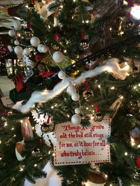 Polar Express Christmas Tree Polar Express Themed Christmas Tree, Polar Express Tree Decorations, Polar Express Theme Christmas Tree, Polar Express Christmas Decor, Polar Express Tree, Polar Express Christmas Tree, Train Around Christmas Tree, Polar Bear Express, Office Tree