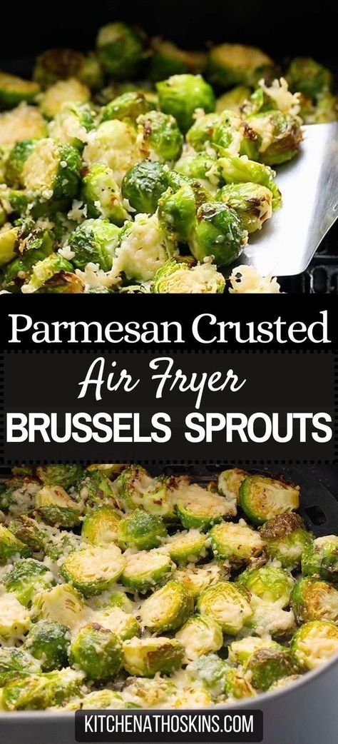 Learn how to make parmesan crusted brussels sprouts in air fryer that is easy, made without bacon and makes an addictive air fryer side dish for weeknight dinner or even for Thanksgiving. Get the air fryer brussels sprouts recipe with parmesan at kitchenathoskins.com Brussels Sprouts In Air Fryer, Air Fryer Brussels Sprouts, Air Fryer Recipes Keto, Easy Veggie Side Dish, Fried Brussel Sprouts, Pork Chop Recipes Baked, Sprouts Recipe, Sprout Recipes, Brussels Sprouts Recipe