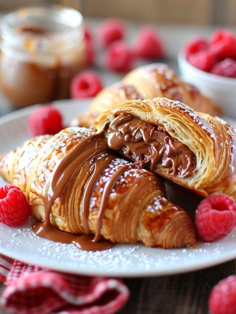 🍫 Ingredients 🍫 4 croissants 1 cup of Nutella 1/4 cup caramel sauce 2 tablespoons powdered sugar Fresh raspberries (optional, for garnish) Preheat oven to 350°F (175°C). Cut each croissant in half horizontally. Spread a generous amount of Nutella inside each croissant. Place the croissants on a baking sheet and bake for 5-7 minutes until hot and slightly crispy. Drizzle caramel sauce over the top of each croissant. Dust with powdered sugar and decorate with fresh raspberries if desired. Croissant With Nutella, Croissant Recipe Dessert, Glazed Croissants, Croissants Aesthetic, Toasted Croissant, Caramel Croissant, Croissant Nutella, Croissant Aesthetic, Nutella Croissant