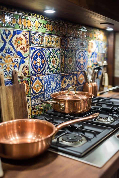 47 Boho-Eclectic Tiny House Kitchens: Global-Inspired Culinary Corners - TastyInteriors Copper Pot Rack, Bangkok Condo, Japandi Home Office, Moroccan Tile Backsplash, Tiny House Kitchens, Tiny Cooking, Japandi Home, Tiles Backsplash, Copper Pans