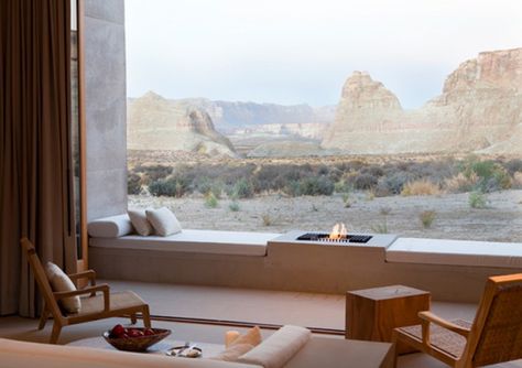 EcoSmart Fire Custom Grate featured in Amangiri Resort, Canyon Point, Utah Amangiri Resort, Relaxation Station, Inspo Board, Fireplace Design, Window Seat, Hotel Spa, Bay Window, Elle Decor, Hotels And Resorts