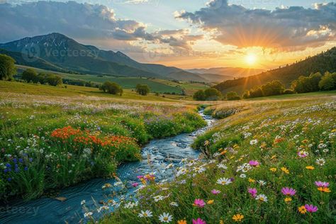 AI generated A green meadow , under a peaceful sky, vibrant with the beauty of a summer sunrise, wildflowers in bloom, a sparkling river flowing, and lush green hills Meadow Aesthetic, Comfort Corner, Meadow Landscape, Grassy Meadow, River Flowing, Summer Sunrise, Green Meadow, Secret Place, Grasses Landscaping