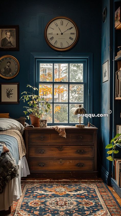 Vintage Apartment Decor, Blue Bedroom Walls, Dark Blue Bedrooms, Bedroom Color Combination, Dark Blue Walls, Sage Green Bedroom, Blue Bedroom Decor, Apartment Bedroom Decor, Bedroom Walls