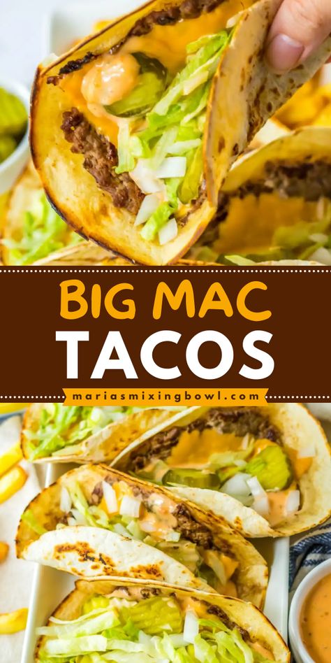 Looking for busy weeknight dinners? Learn how to make Big Mac Tacos! Loaded with cheese, lettuce, onions, pickles, and Thousand Island dressing, this beef taco recipe is delicious. Plus, you're just 30 minutes away from this quick and easy meal for tonight! Quick And Easy Dinner Recipes Low Carb Weeknight Meals, Taco Big Mac, Big Mac Tacos Recipe, Taco Inspired Recipes, Mac Recipes, Beef Taco Recipe, Big Mac Tacos, Mac Tacos, Taco Mac