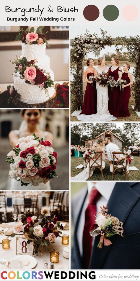 Colors Wedding | Top 7 Burgundy Fall Wedding Color Combos Maroon Blush Wedding, Wine Color Wedding, Fall Wedding Burgundy, Blush Fall Wedding, Burgundy Fall Wedding, Gold And Burgundy Wedding, Elegant Wedding Colors, Burgundy Wedding Theme, Bouquet Centerpiece