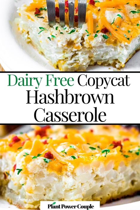 Two head-on close up photos of a vegan hashbrown casserole topped with dairy-free cheese, vegetarian bacon bits, and minced parsley. Text in between the two photos reads: dairy-free copycat hashbrown casserole. Vegan Hashbrown Casserole, Copycat Hashbrown Casserole, Cracker Barrel Copycat, Cracker Barrel Copycat Recipes, Vegan Easter Recipes, Christmas Breakfast Casserole, Hashbrown Casserole Recipe, Breakfast Potato Casserole, Hashbrown Casserole