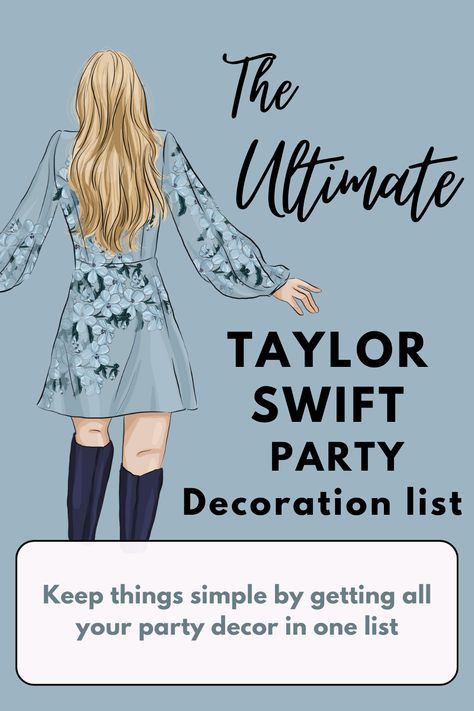 A complete list of decorations for a Taylor Swift party! Includes everything from tableware to party favors. Taylor Swift Table Centerpiece, Taylor Swift Cricket Ideas, 1989 Party Decorations, Eras Movie Party, Taylor Swift Party Goodie Bags, Taylor Swift New Years Eve Party, Taylor Swift Party Printables Free, Birthparty Ideas, Taylor Swift Eras Decorations