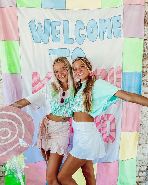 Candy Land Sorority Theme, Candyland Sorority Theme, Rush Week Themes, Candy Land Bid Day, Sorority Party Themes, Sisterhood Activities, Bama Rush, Sorority Recruitment Themes, Preppy Pfps