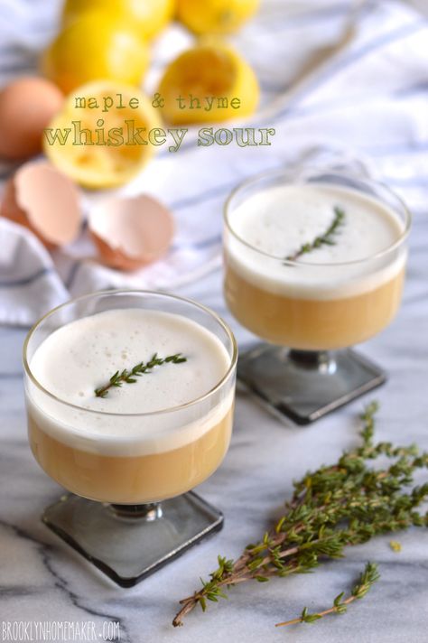 maple & thyme whiskey sour |  2 to 3 big long sprigs of fresh thyme 1/2 oz real maple syrup (grade B preferably) 1 dash orange (or citrus) bitters 1 oz fresh lemon juice (from 1 lemon) 2 oz good rye whiskey (or any good American whiskey) 1 egg white ice 1 small thyme sprig to garnish Egg White Cocktail, Best Rye Whiskey, Whiskey Sour, Whiskey Drinks, Rye Whiskey, Whiskey Cocktails, Egg White, Craft Cocktails, Clean Eating Snacks