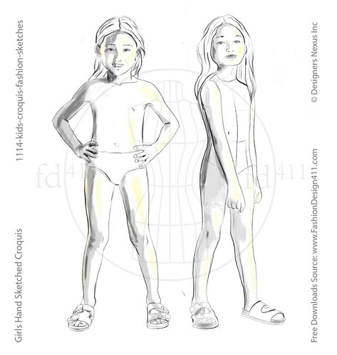 This fashion sketch highlights two girls captured in a harmonious proportion, presented in both front and side views while standing. Childrens Fashion Illustration, Children Fashion Sketch, Fashion Sketch Template, Fashion Croquis, Fashion Model Drawing, Croquis Fashion, Kidswear Girls, Fashion Sketching, Flat Sketches