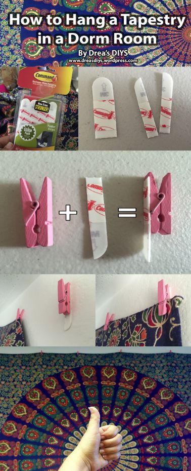 How to hang tapestries in a dorm room Dorm Hacks, Zimmer Diy, Dorm Sweet Dorm, Dorm Room Hacks, Dorm Diy, College Living, Room Hacks, Uni Room, Dorm Room Inspiration