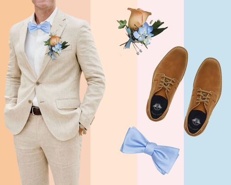 Light tan suits, brown dreas shoes, sky blue bow ties Tan And Navy Suits For Wedding, Tan Suit Light Blue Tie, Tan Suit With Light Blue Tie, Tan Tuxedo Wedding, Khaki Groomsmen, Tan Groomsmen Suits, Tan Tux, Tan Groomsmen, Tan Tuxedo