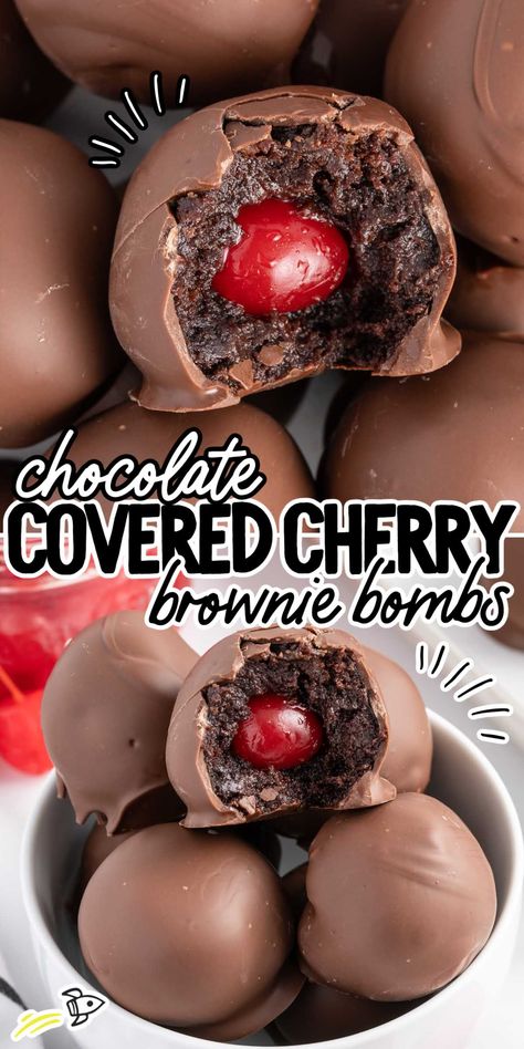 Chocolate Covered Cherry Brownie Bombs Chocolate Covered Cherries Recipe, Whipped Chocolate Frosting, Cherry Brownies, Chocolate Covered Cherry, Cherry Desserts, Chocolate Covered Treats, Chocolate Covered Cherries, Bite Size Desserts, Christmas Candy Recipes